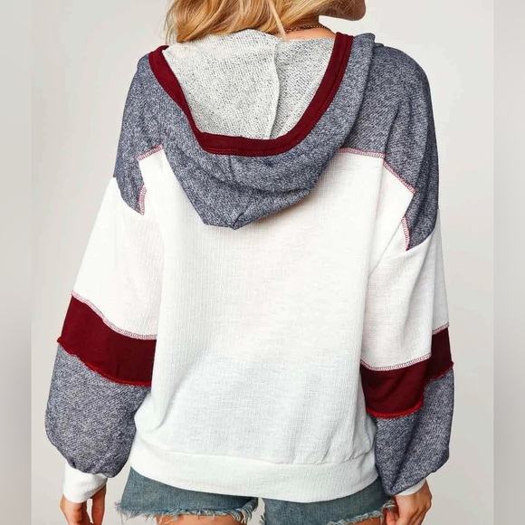 *Last One* Color Block White/Navy/Burgundy Outseam Detail Hoodie Top, sizes M - Picture 2 of 7